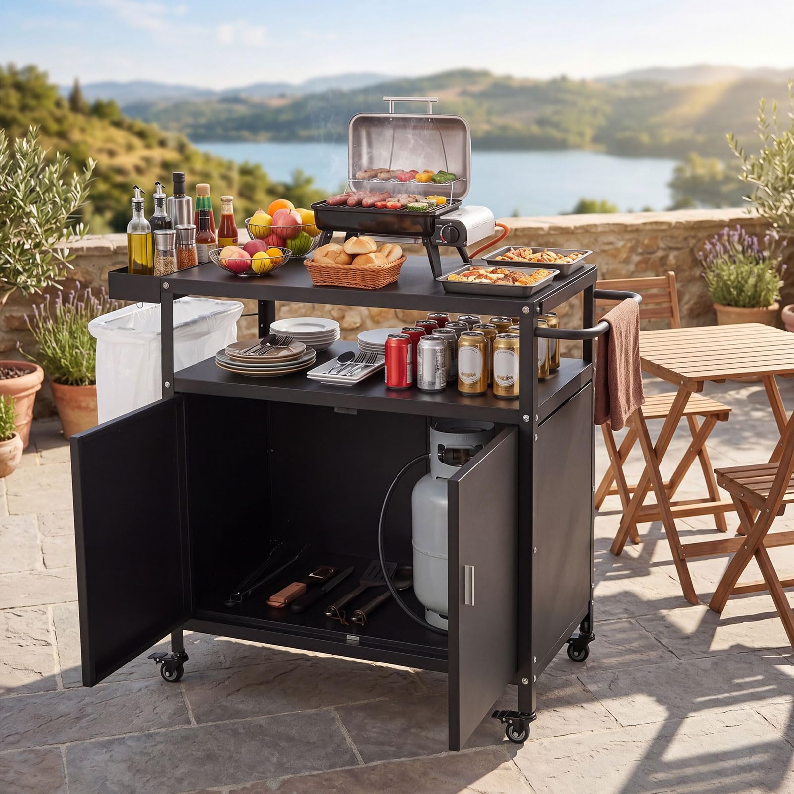 COSTWAY Carrito de Barbacoa con Ruedas, Acero, Armario de 2 Puertas, Estante, 3 Ganchos y Soporte para Bolsas de Basura, Carro de Servicio Cocina Interior y Exterior, 109 x 45 x 89 cm