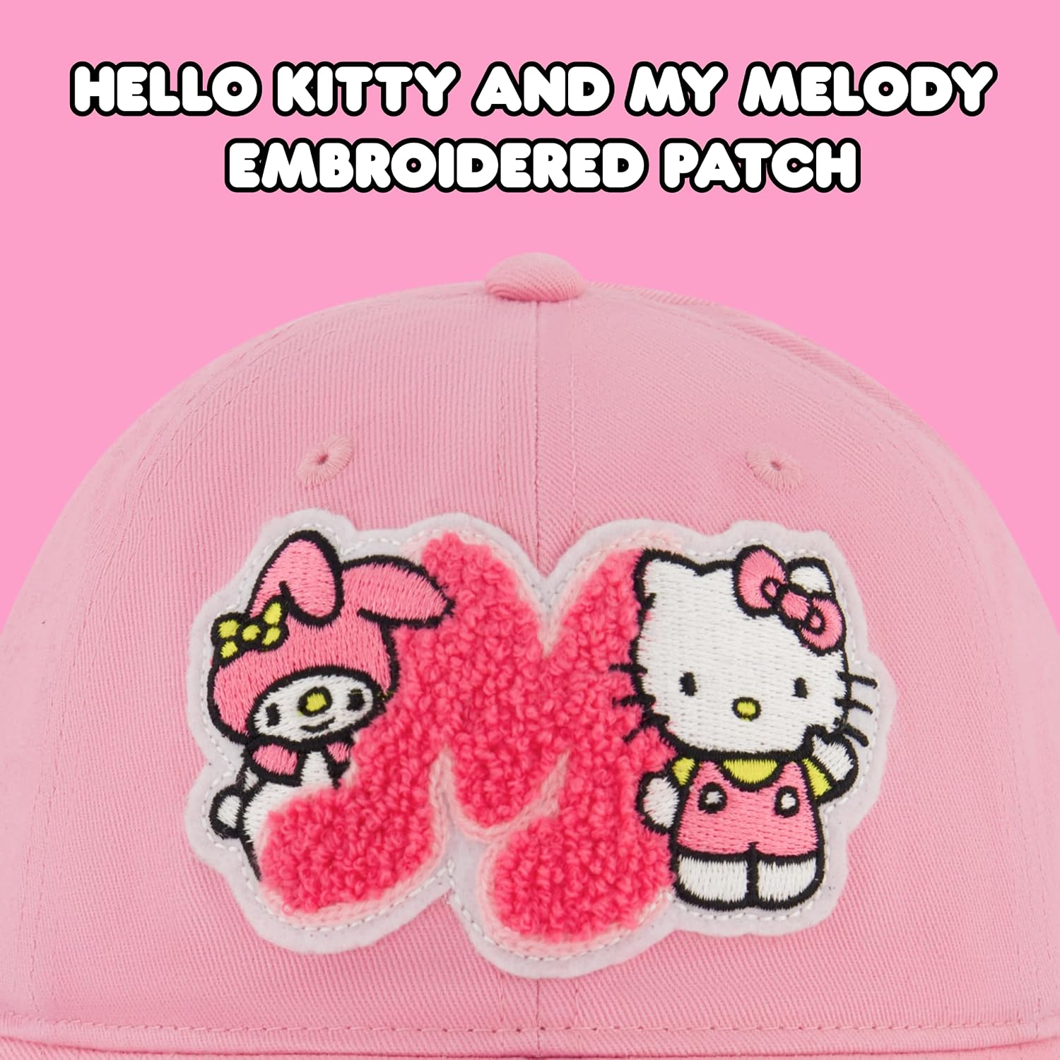 Hello Kitty Baseball Cap, My Melody Adjustable Cotton Dad Hat with Curved Brim, Chenille Patch, Pink, One Size
