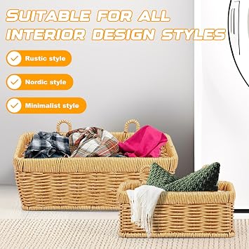 2 Pack Hanging Wall Baskets, Wicker Effect Plastic Rattan Woven Storage Baskets, Wall Mounted Organiser for Kitchen Onion Garlic, Bathroom & Bedroom Decor, Large & Small