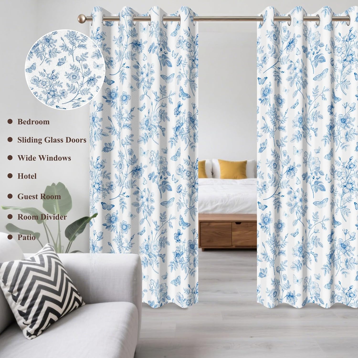 AWERT Blue Floral Linen Window Curtains 84 inch Length 2 Panels Romantic Flowers Butterflies Leaves Farmhouse Light Filtering Drapes for Bedroom Living Room Wide Sliding Door Curtains 52x84 Inches