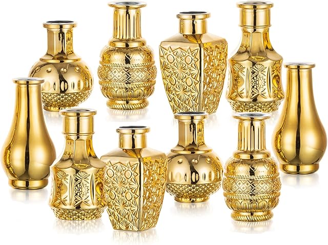 Glasseam Small Gold Vase, Decorative Glass Vase Set of 10, Aesthetic Bud Vases for Flowers, Modern Flower Vase, Gold Vases for Centerpieces Golden Centerpiece Wedding Vase for Dining Table Decorations
