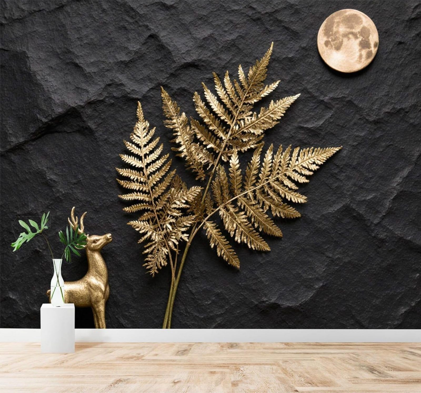 XLMING Creative Golden Deer Golden Fern Leaves Full Moon Dark Stone 3D Wallpaper Silky Texture Home Study Office Grey Dining Room Sofa Bedroom Living Room TV Backdrop-350cm×256cm