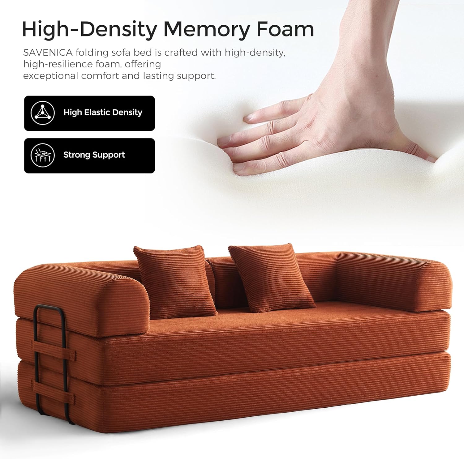 79" Convertible Sofa Bed with Fixed-Shape Frame & Removable Armrests, Modular Corduroy Sleeper Sofa, Folding Mattress Couch for Small Spaces - No Assembly Needed in Orange (Includes 2 Pillows)