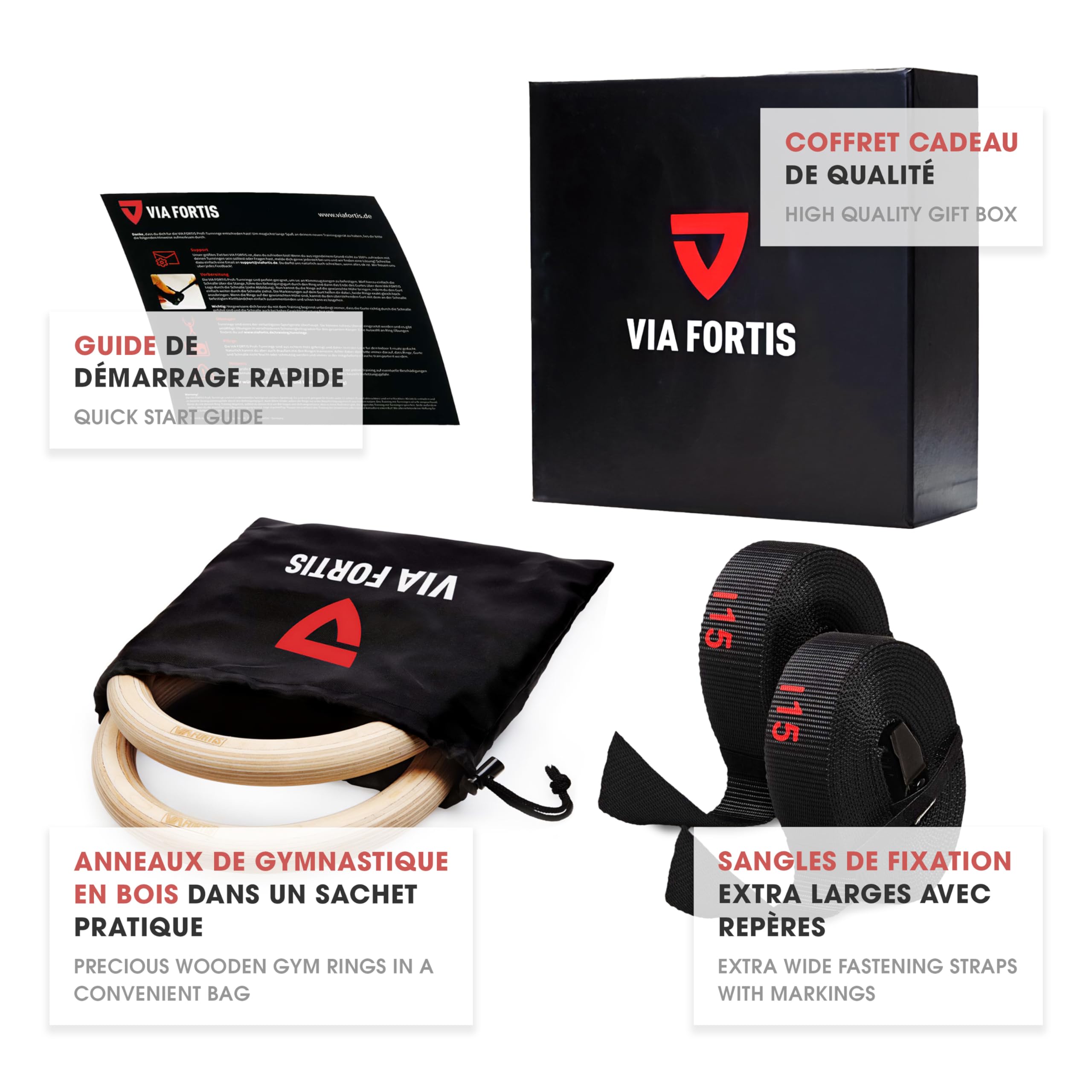 VIA FORTIS Anneaux de Gymnastique Premium en Bois avec Sangles, Sac et Guide d'Entraînement - Anneaux de Gym pour Calisthenics & Crossfit - Version de Compétition - Sangles Extra Larges avec Repères