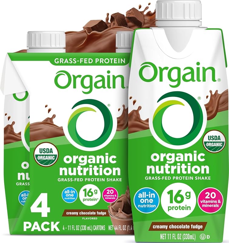 Orgain Organic Grass Fed Dairy 16g Protein Shake, Chocolate, 11oz, 4pk | Ready to drink grass-fed dairy protein, meal replacement, 20 vitamins & minerals, fruits & vegetables, non-GMO, gluten-free