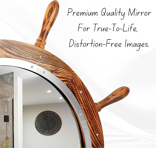 Miniatura 7 de Nagina International Santorini - Rueda de espejo grande de madera, color marrón antiguo, hermoso y resistente náutico, para montar en la pared para