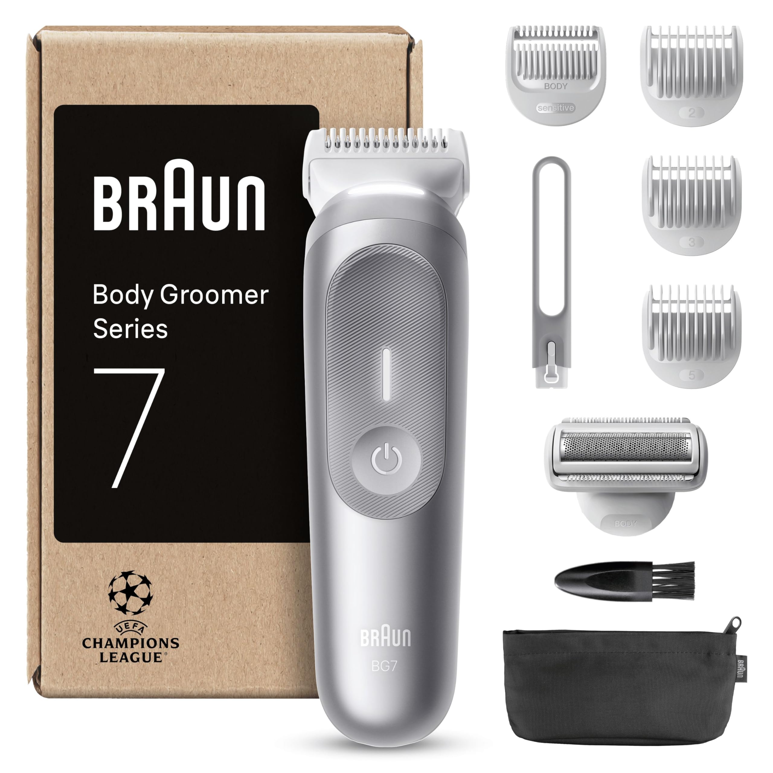 Braun Series 7 Body Groomer for Men, Body & Pubic Hair Trimmer with Smartlight & SkinGuard, 8-in-1 Grooming Kit, Waterproof Electric Shaver for Sensitive Areas, 100 Min Runtime, BG7555 Grey