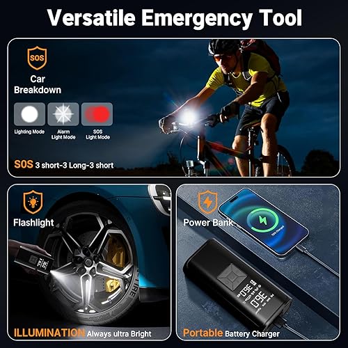 Miniatura 6 de Compresor de aire portátil para inflado de neumáticos, 6 velocidades 150 PSI, bomba de aire inteligente multifunción inalámbrica con medidor de