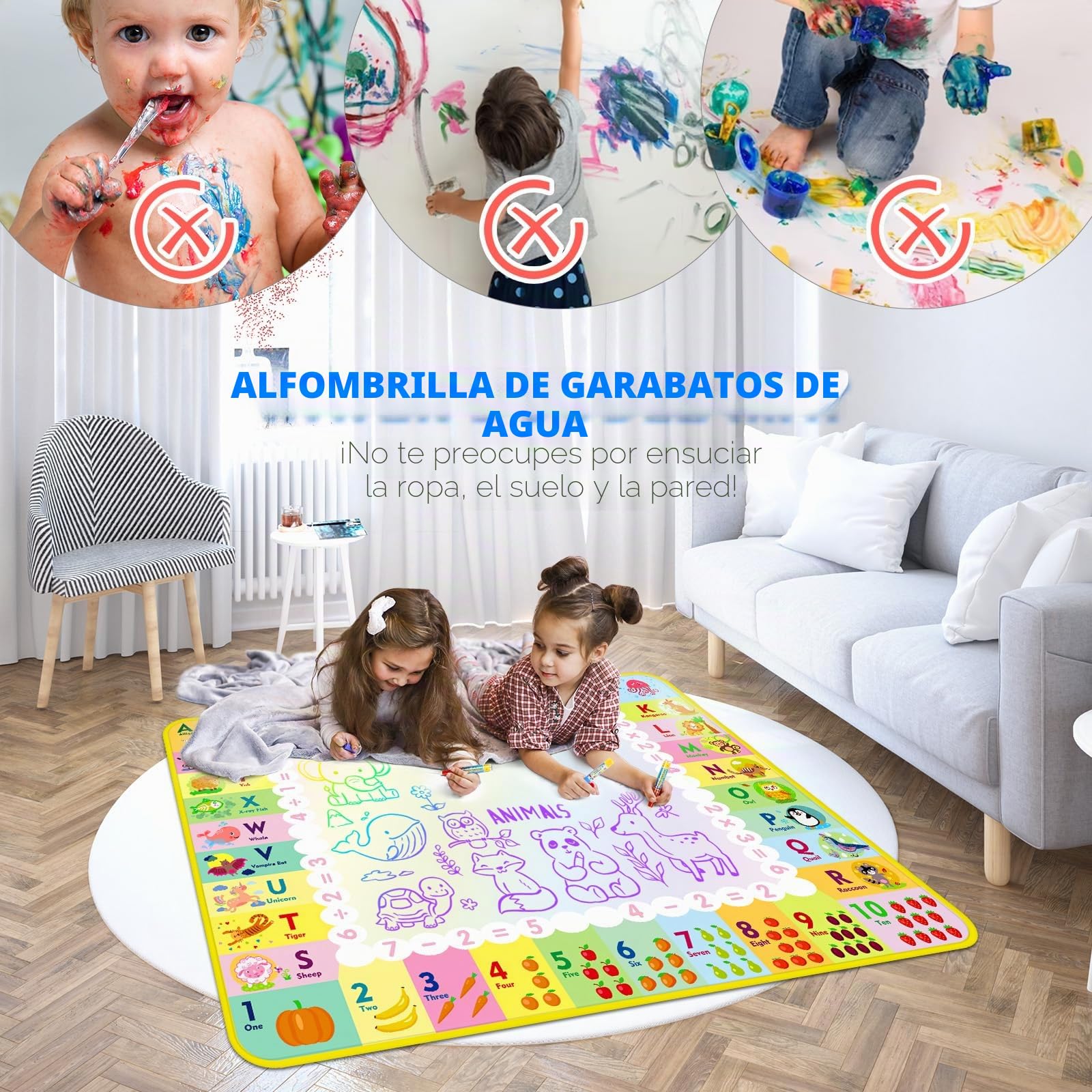 Alfombra para Pintar con Agua, Pizarra Mágica Reutilizable 120x90 cm – Juguete Educativo de Aprendizaje Temprano para Niños de 2 a 6 Años, Regalo sin Tinta ni Mancha con 4 Bolígrafos y Libro de Dibujo
