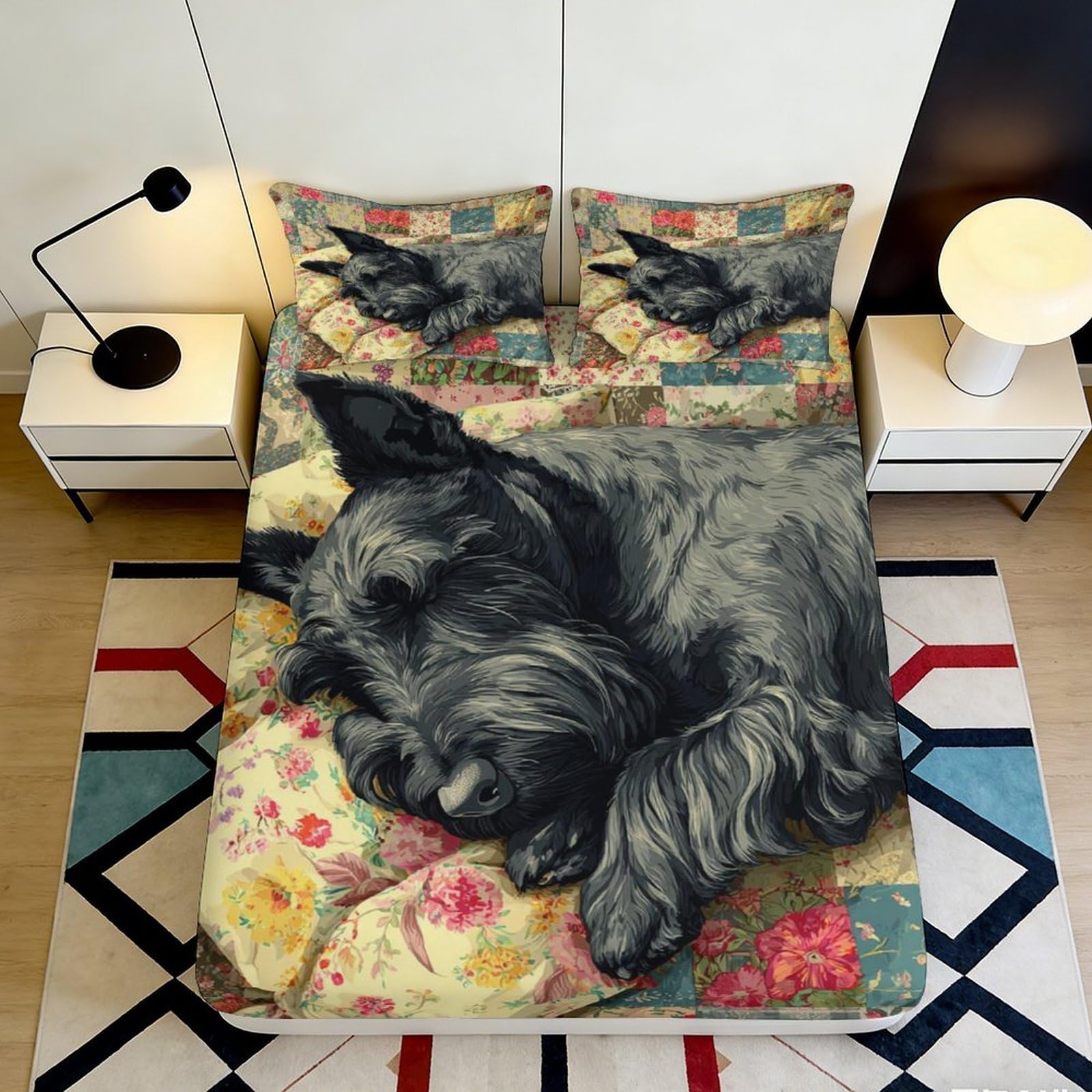 Zfldkwgb Style-10 3D Printed Black Schnauzer Dog Fitted Sheet Microfiber Soft Floral Mattress Cover Anti-Slip Machine Washable For Bedroom Guestroom Decor 90X200x25cm