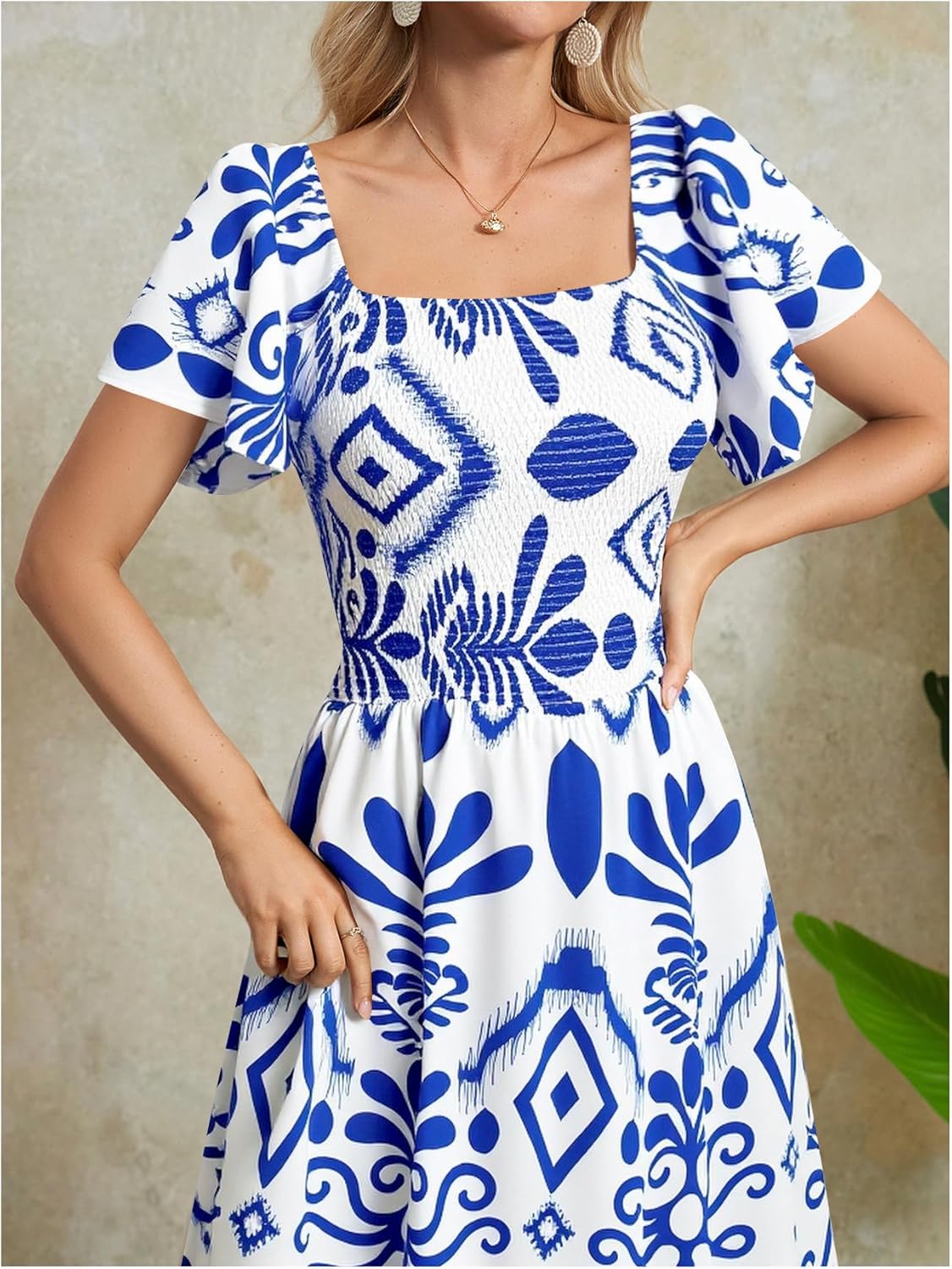 MakeMeChic Women's Floral Print Layered Short Sleeve Square Neck Ruffle High Waist A Line Summer Long Dress - Image 3