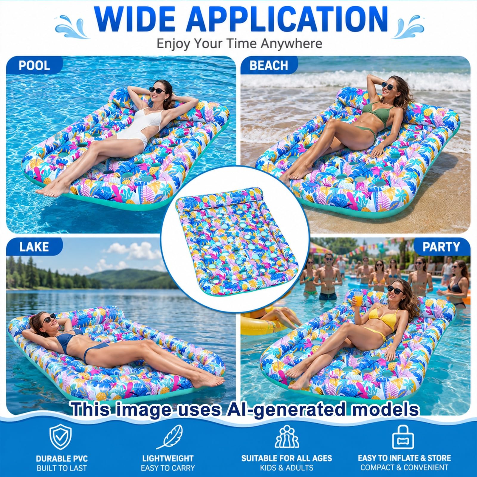 Lettino Gonfiabile Galleggiante per 2 Persone, Lettino Abbronzante per Piscina, Zattera Gonfiabile Resistente per Piscina, Spiaggia, Lago e Feste Estive