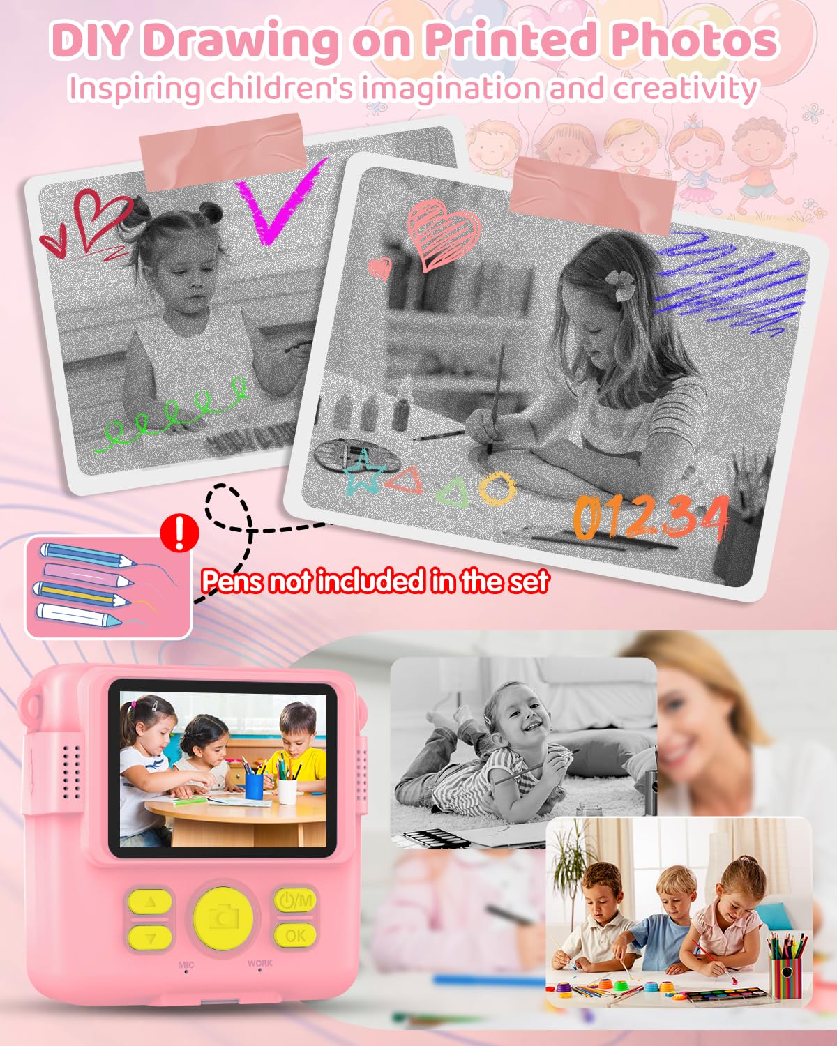 Cámara de impresión instantánea para niños con 3 rollos de papel de impresora, cámara digital 1080P para niños de 3 a 12 años con tarjeta SD de 32 GB, regalos de Navidad y cumpleaños para niñas y