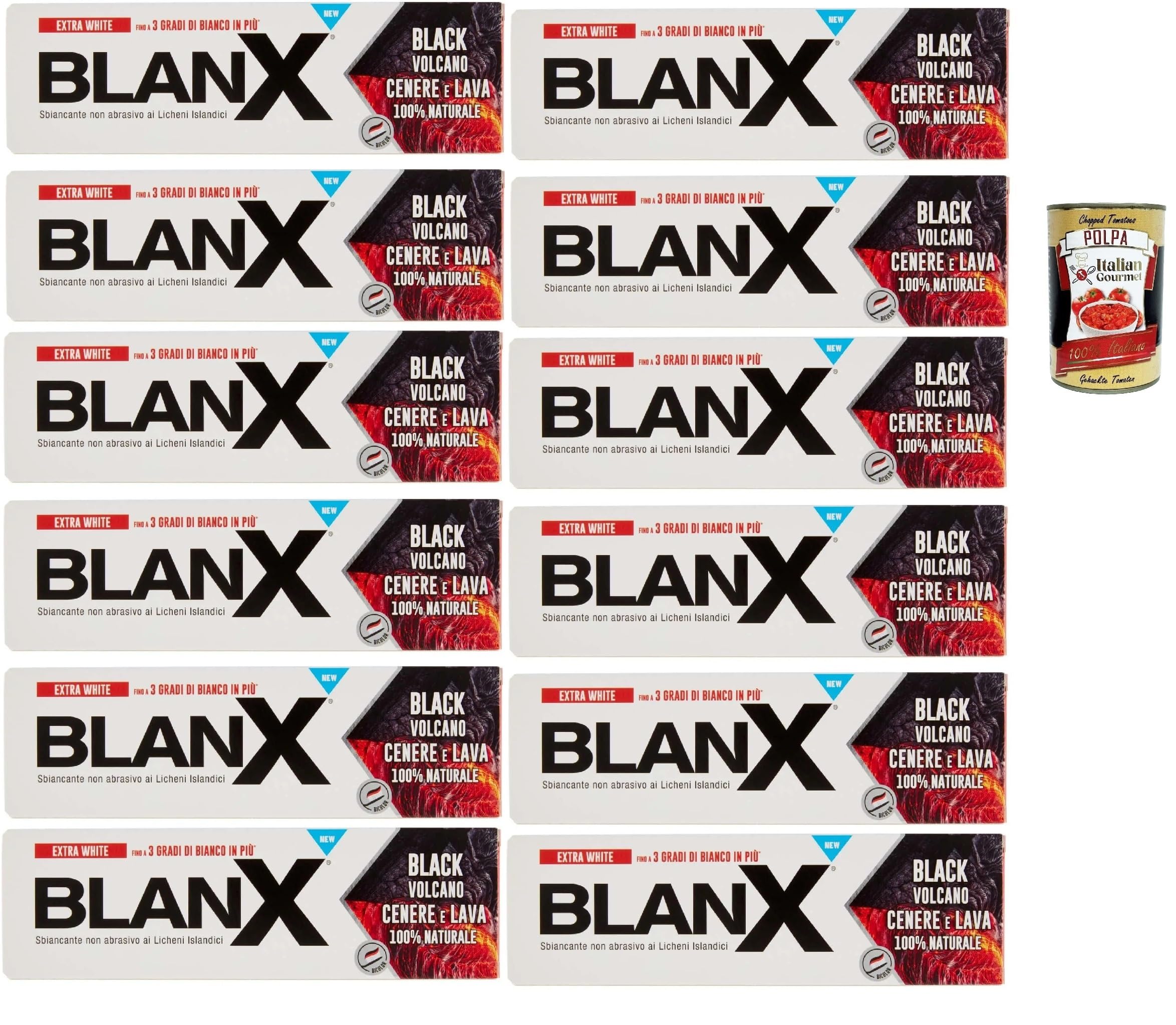 BlanX Dentifricio Black Volcano 12 x 75 ml, pasta de dientes con cenizas y cenizas isleñas y volcánicas, apto para veganos y antibacterianas + Polpa italiana Gourmet 400 g