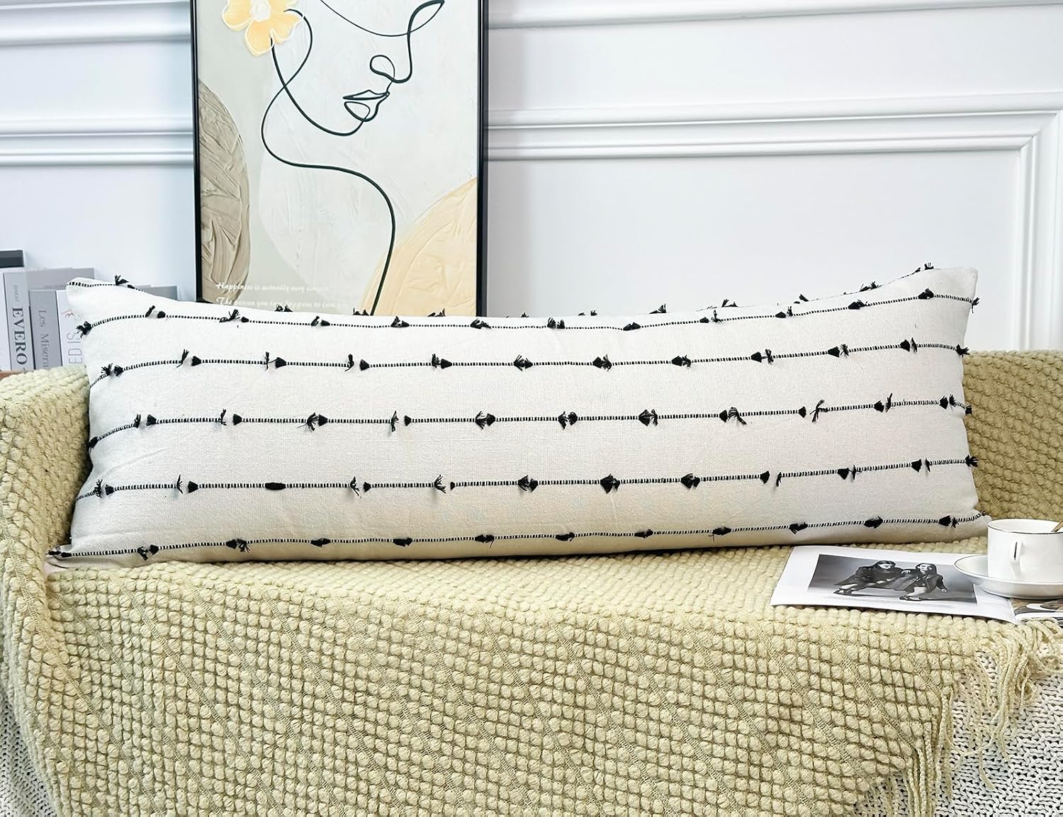 NUYECY Decorative Extra Long Lumbar Pillow Cover 20 x 48, Striped Pattern Boho Long Lumbar Pillow Case for Bed Sofa Couch Farmhouse, Black, Modern Accent