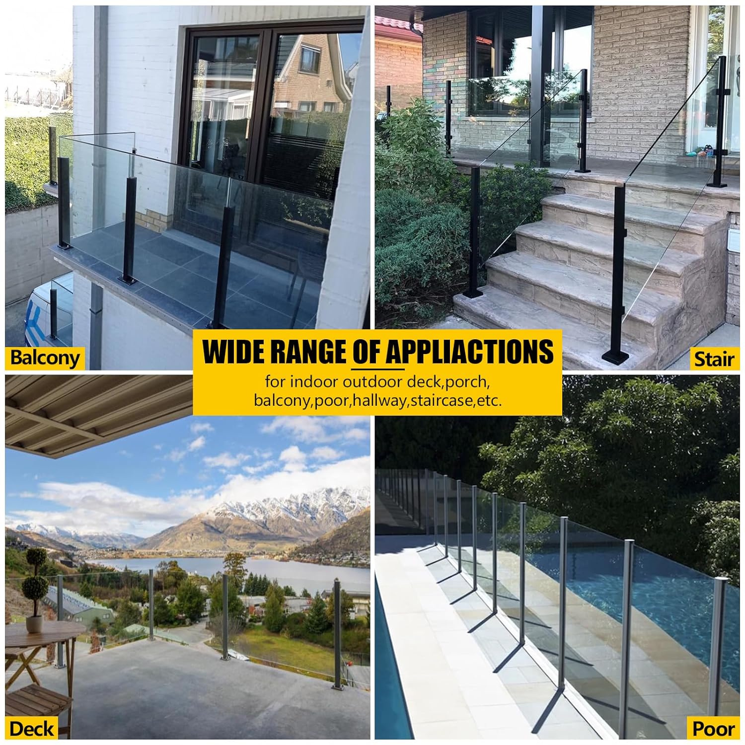 3ft(H/36) Glass Balustrade Corner Post with Mounting Strip,Black Garden Privacy Fence Posts with Spigot Slot&Sturdy Base for Glass,Wood,PVC,DIY Serial Post for Step,Balcony,Hallway,Deck,Yard