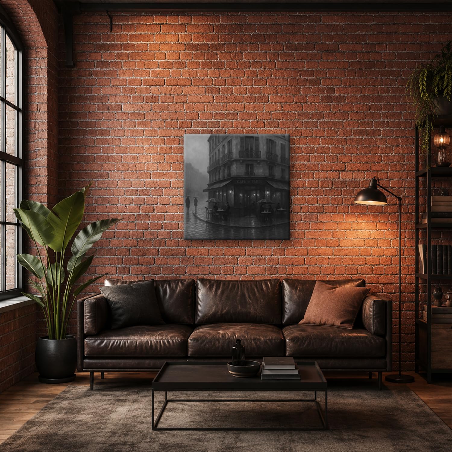 deyoli Obraz na płótnie Deszczowy wieczór przed kawiarnią Paryż 40 x 40 cm czarno-biały | Kwadratowy jednoczęściowy druk artystyczny XXL na blejtramie | obraz na płótnie | obraz ścienny | dekoracja salonu