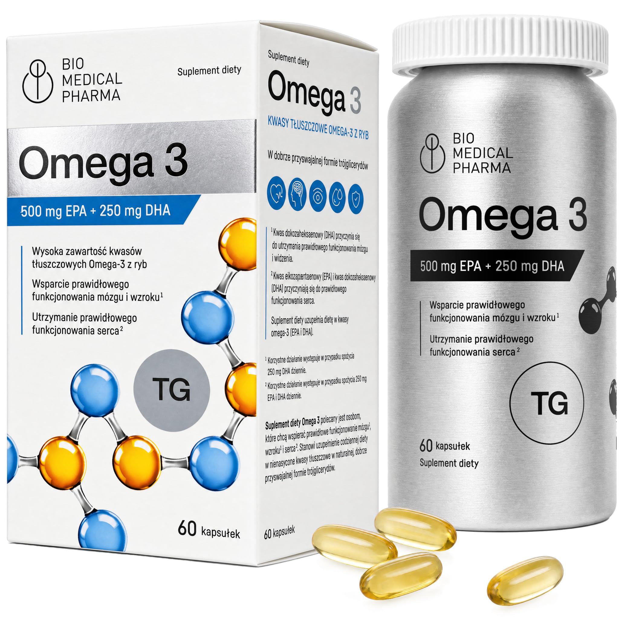 Omega 3 Kapsułki – 500 mg EPA + 250 mg DHA, Olej Rybi Forma Triglicerydowa – EPA i DHA Przyczyniają się do Prawidłowej Czynności Serca – Certyfikat IFOS (60 Kapsułek, 2 Miesiące)