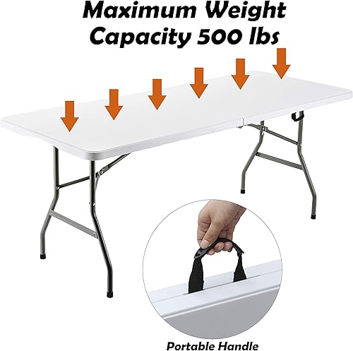 Miniatura 6 de FORUP Mesa de 1,8 m, mesa plegable de plástico portátil de 1,8 m, mesa plegable a la mitad para pícnic, fiesta, comedor, camping (blanco)