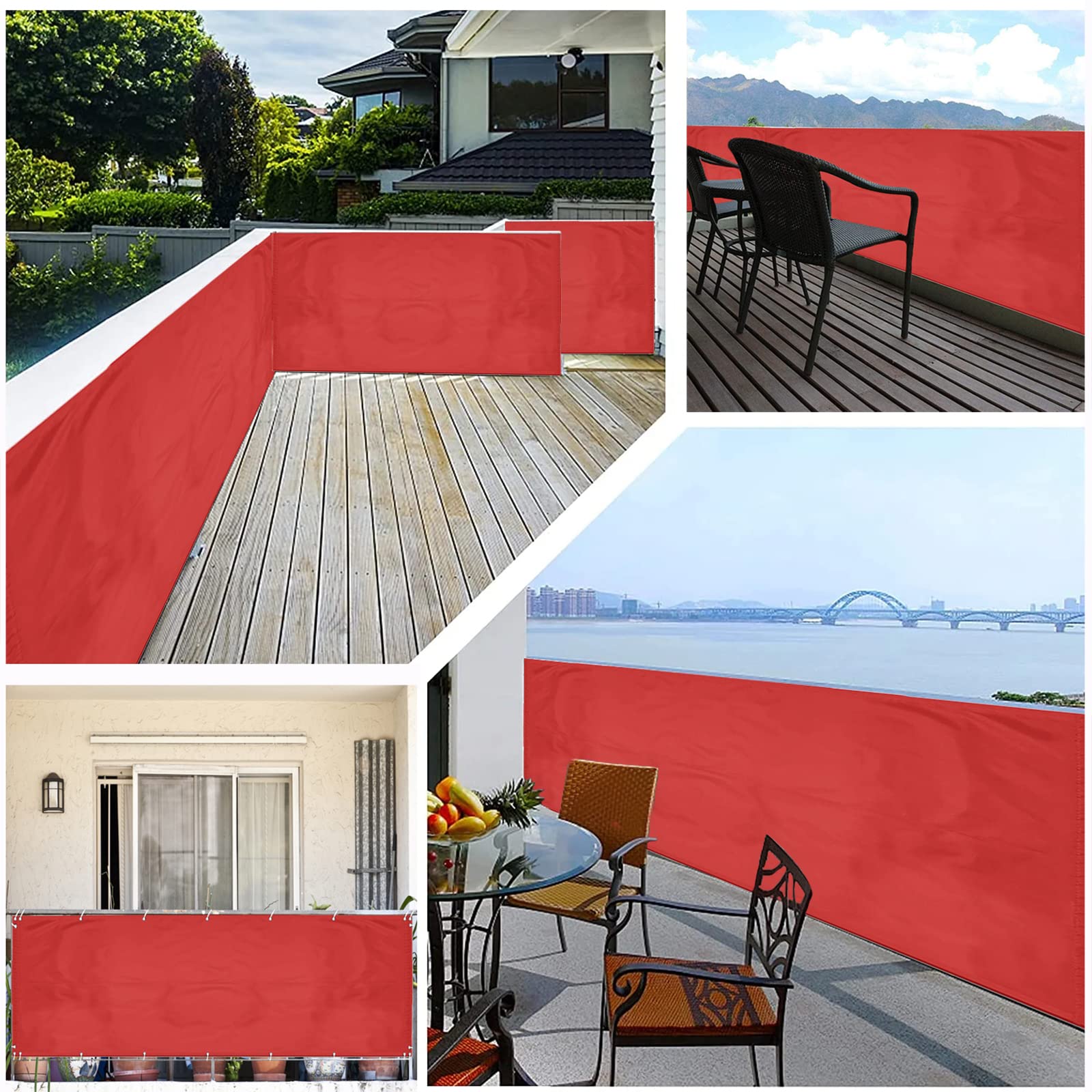 Frangi-Vi wodoodporna osłona balustrady balkonowej, odporna na działanie promieni UV, z oczkami, wiązaniami i sznurkami, czerwona, idealna na tarasy i patio, 110 x 100 cm