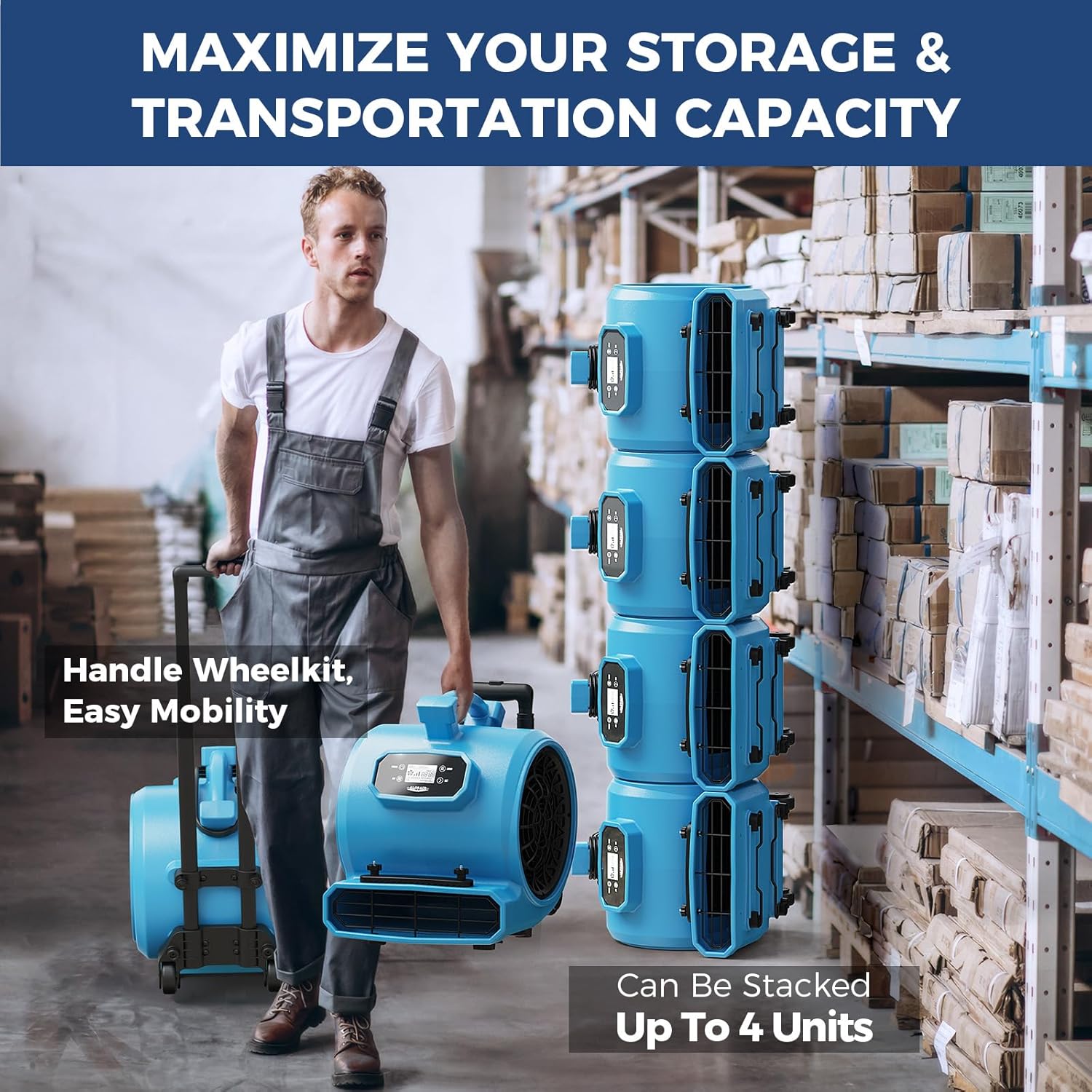 ALORAIR 1 x GE4000HCW Air Mover and 3 x GF600A Air Mover Blower Fan Combo Package Ideal for Industrial,Commercial, Water Damage Restoration, Blue