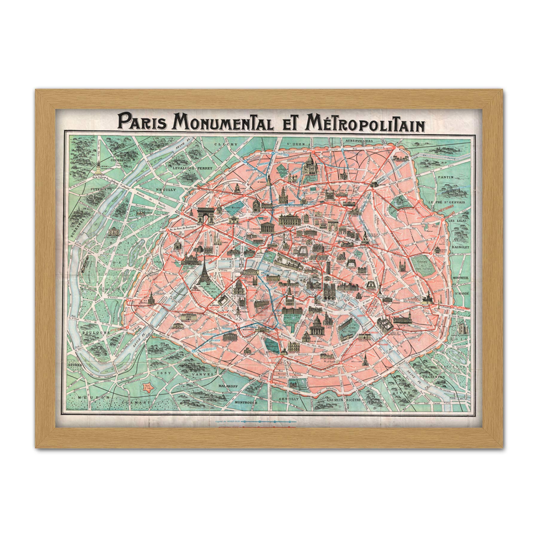 Wee Blue Coo Robelin Paris Monument Map French Artwork Framed Wall Art Print 18X24 Inch