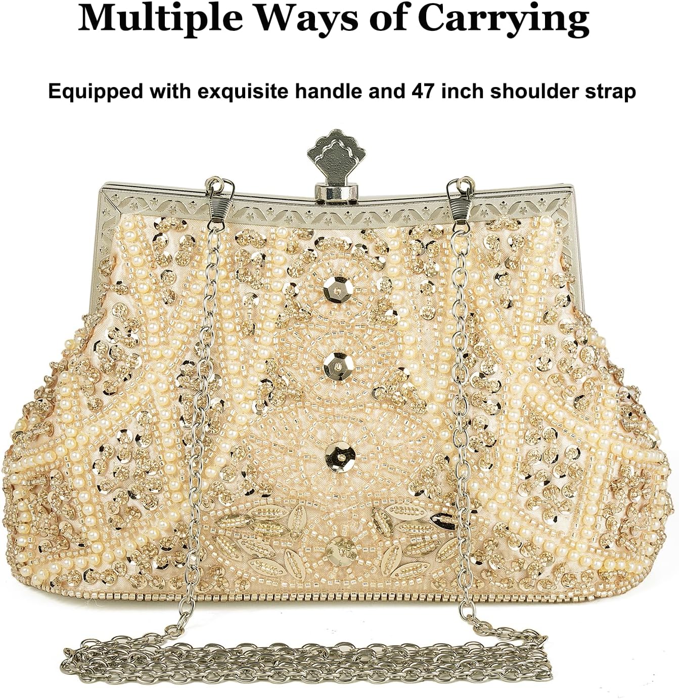 Womens Vintage Floral Beaded Rhinestone Embroidery Clutch Sequin Crossbody Bag Evening Handbag for Bridal Wedding Party Prom | Vintage, Floral, Beaded, Rhinestone, Embroidery, Sequin - Image 4