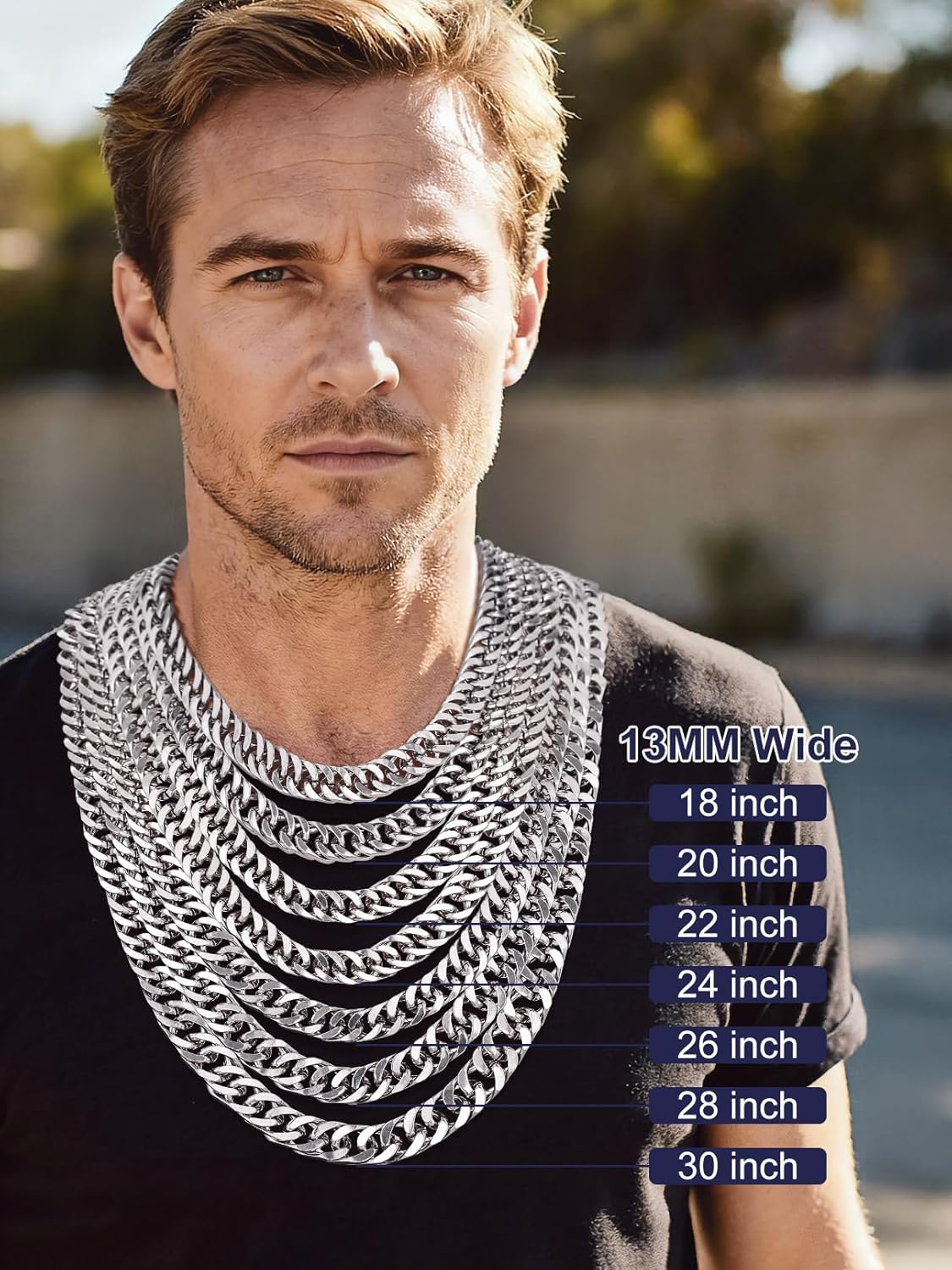 Bandmax 5/7/10/13.5mm Cuban Link Chain for Men, Black/Silver Stainless Steel Mens Chain Necklace, 14K Chunky Gold Necklaces 18-30 inch