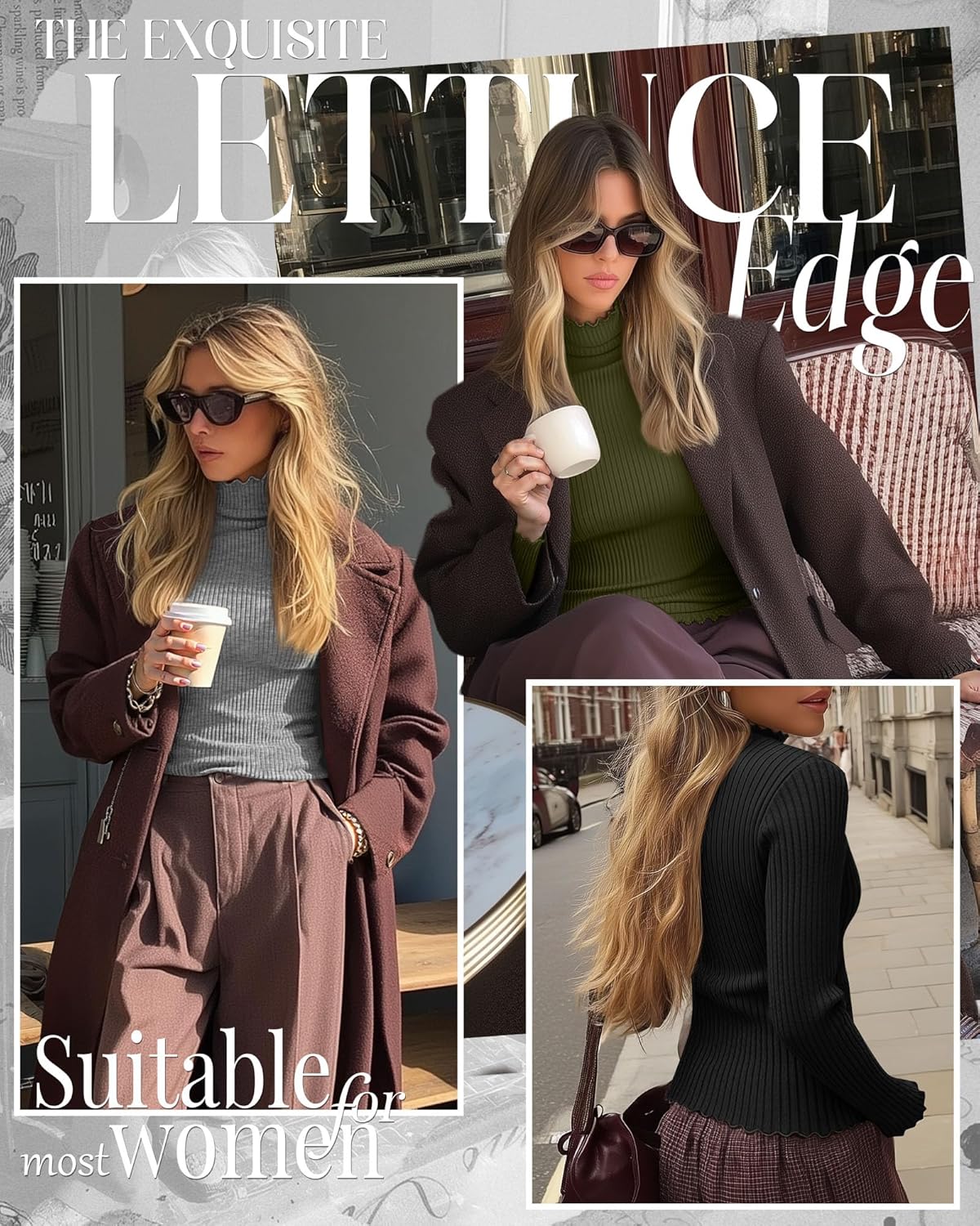 3 Pack Women's Turtleneck Cotton Shirts, Long Sleeve Ribbed Lettuce Trim Mock Neck Slim Fit Tops Soft Base Layer - Image 2