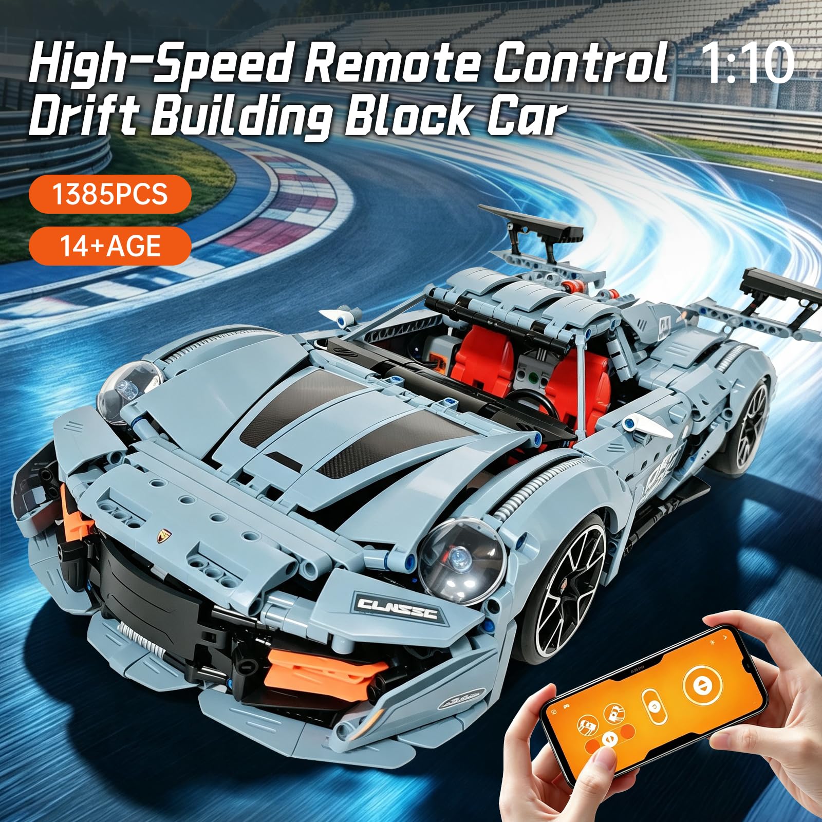 1:10 RC Drift Supercar - Kit di costruzione per auto sportive, 1385 pezzi