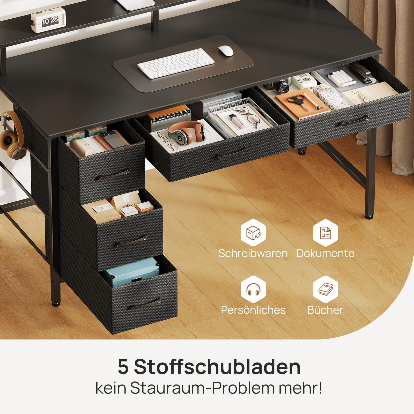 Rolanstar Schreibtisch mit 5 Schubladen, Computertisch mit Steckdosen, Gaming Tisch mit LED-Beleuchtung, Monitorständer, für Homeoffice, Schlafzimmer, Wohnzimmer, Büro (Schwarz, 140)