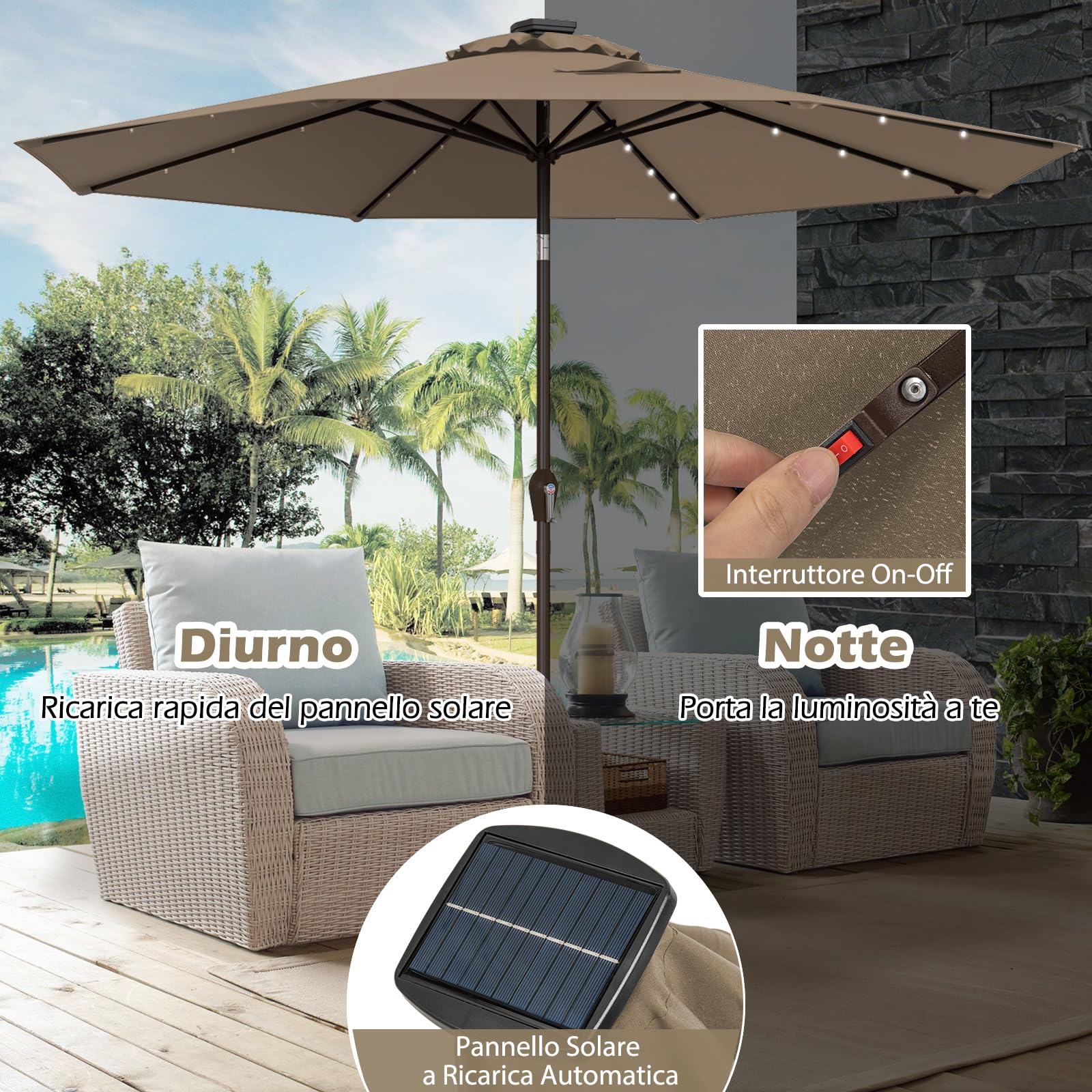 RELAX4LIFE Ombrellone da Giardino 3m/2,7m/2,3m con Luci LED, da Esterno per Protezione Solare, Parasole per Terrazza, Balcone, Spiaggia (Marrone-3M)