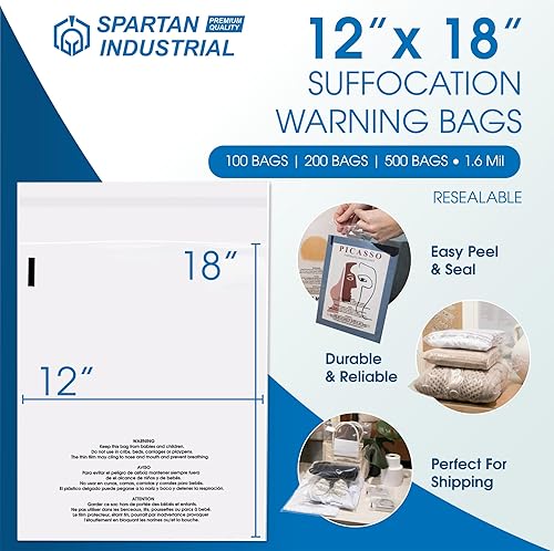 Miniatura 2 de Spartan Industrial - Bolsas de polietileno transparente autosellantes de 12 x 18 pulgadas (100 unidades) con advertencia de asfixia para embalaje,