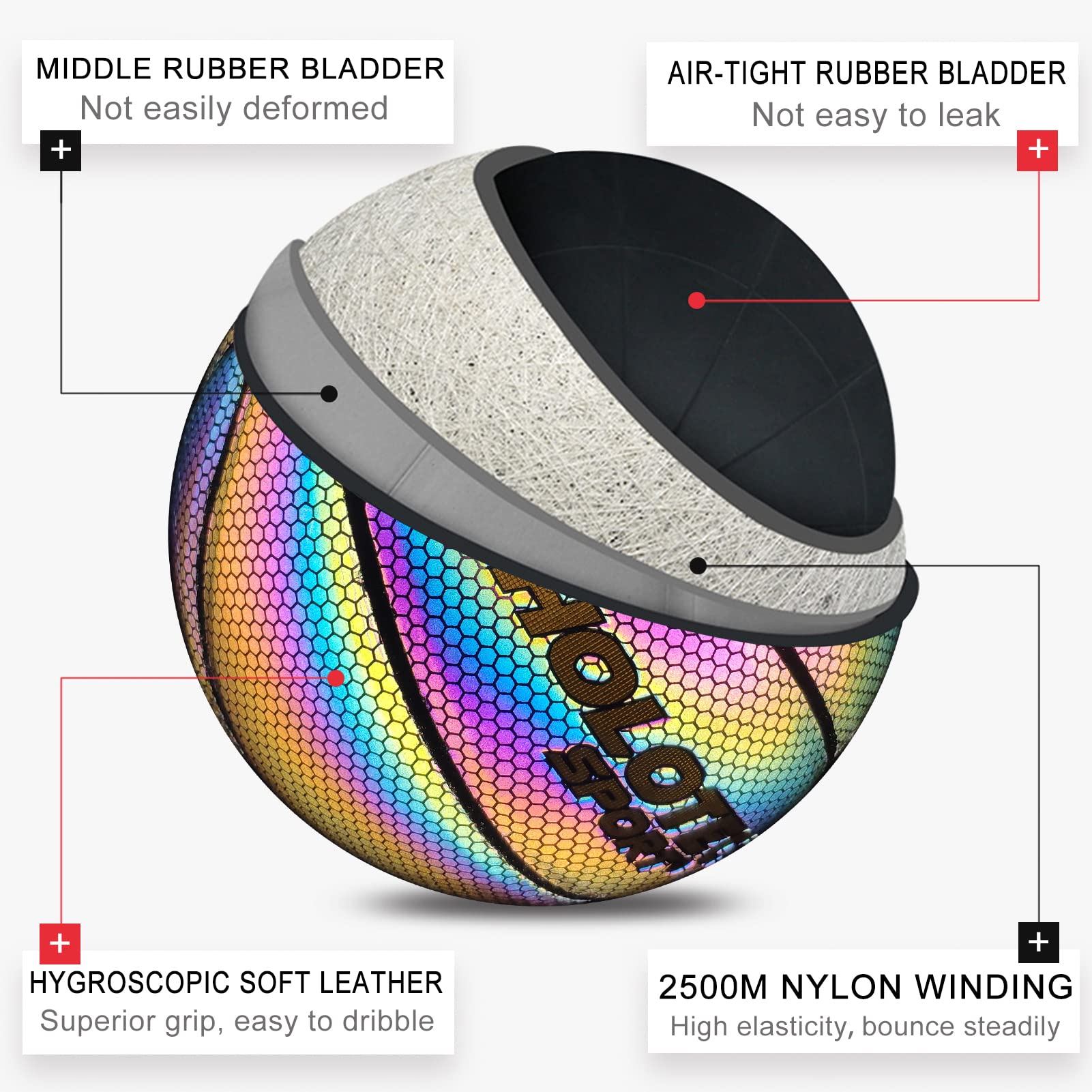 KPASON Basketball, Holographic Glowing Basketball Size 5 (27.5") for Boys Girls, Reflective Glow Leather Basketball Indoor Outdoor Use