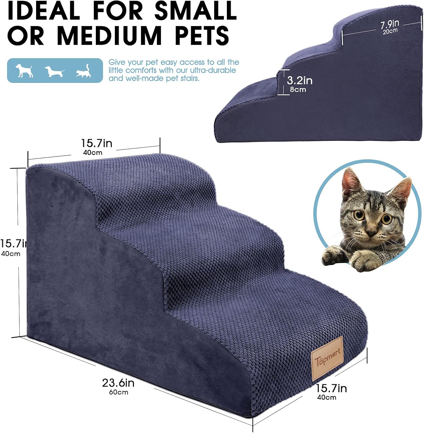 Topmart 3 Tiers Foam Dog Ramps/Steps,Non-Slip Dog Steps,Extra Wide Deep Dog Stairs,High Density Foam Pet Stairs/Ladder,Best for Older Dogs,Cats,Small Pets,with Dog Rope Toy,Blue : Topmart : Pet Supplies