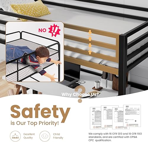 Miniatura 3 de SHA CERLIN Cama tipo loft de tamaño individual con escalera y barandilla, listones de metal resistente, no necesita somier, muebles pequeños que