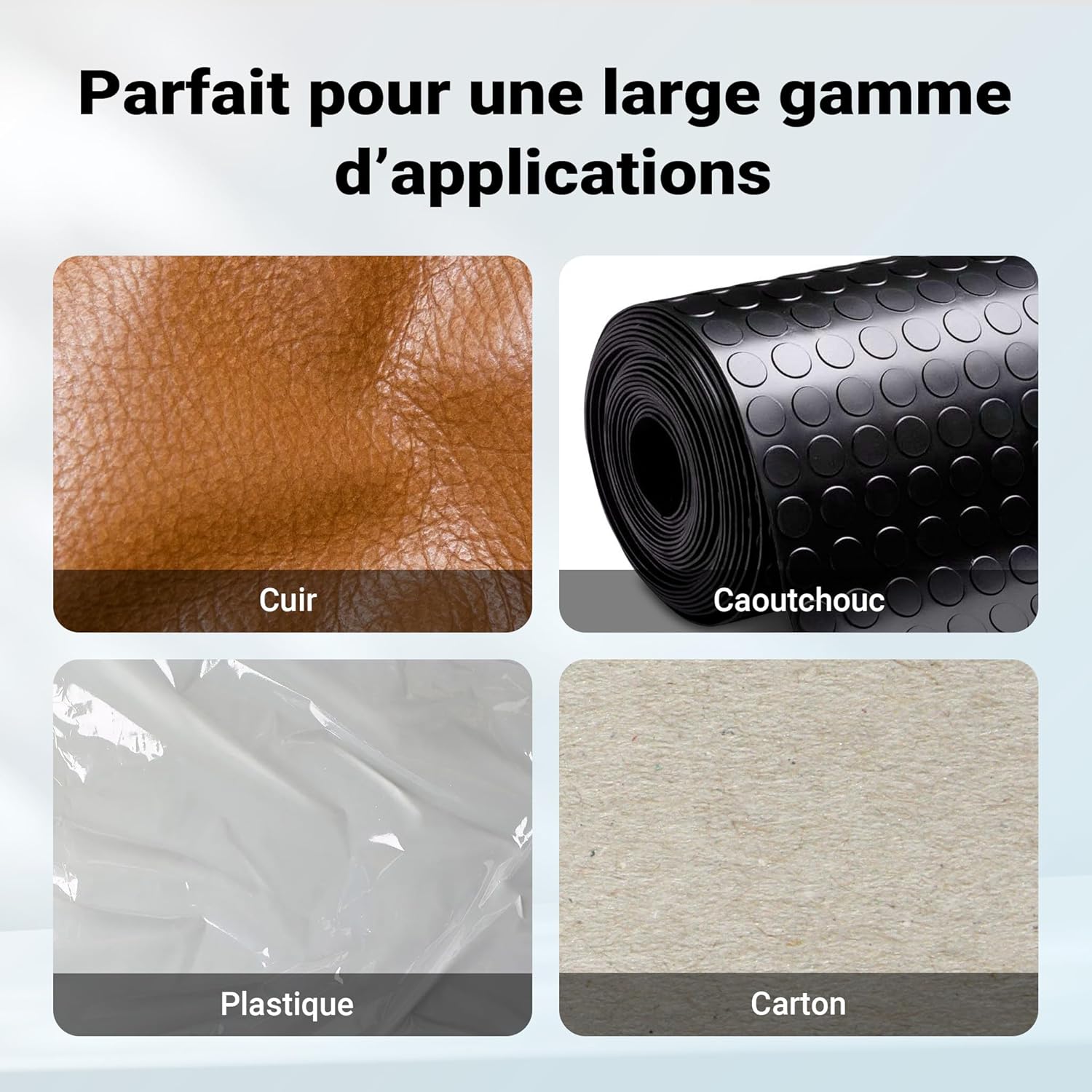 Four squares showing different materials: brown leather, black rubber mat, clear plastic sheet, and light brown cardboard, illustrating the versatility of the punch set.