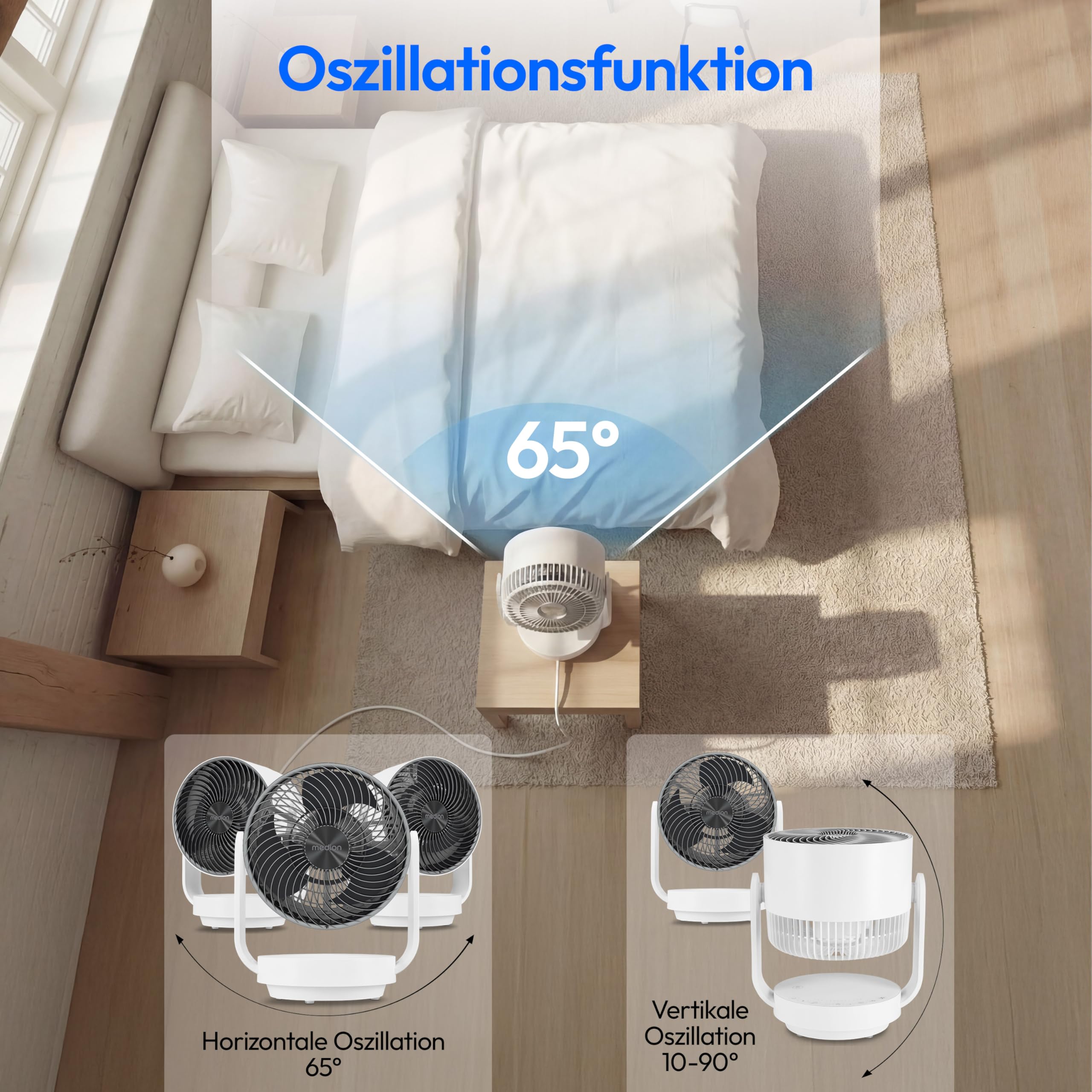 MEDION Tischventilator sehr leise P20 DF, 26 Dezibel, mit Fernbedienung, kraftvolle 7 Geschwindigkeitsstufen, oszillierend, horizontal & vertikal, Timer, Schlafmodus, für Schlafzimmer & Wohnzimmer