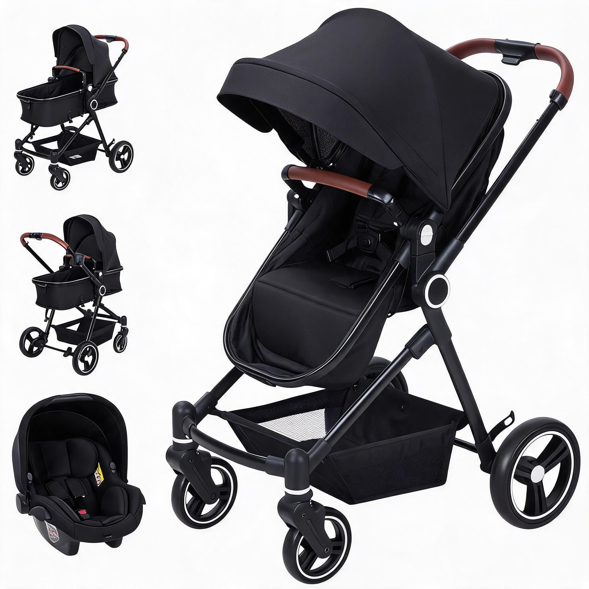 Poussette Double Duo 3 en 1 compacte et pliable, Nacelle + cosy auto + siège sport - Châssis léger, pliage rapide, jusqu’à 26 kg, roues 360° amorties - Noir