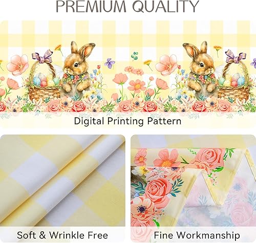 Miniatura 5 de Romanstile Mantel rectangular de primavera de Pascua, diseño de conejito de flores y huevos, a cuadros, mantel decorativo de tela resistente a las