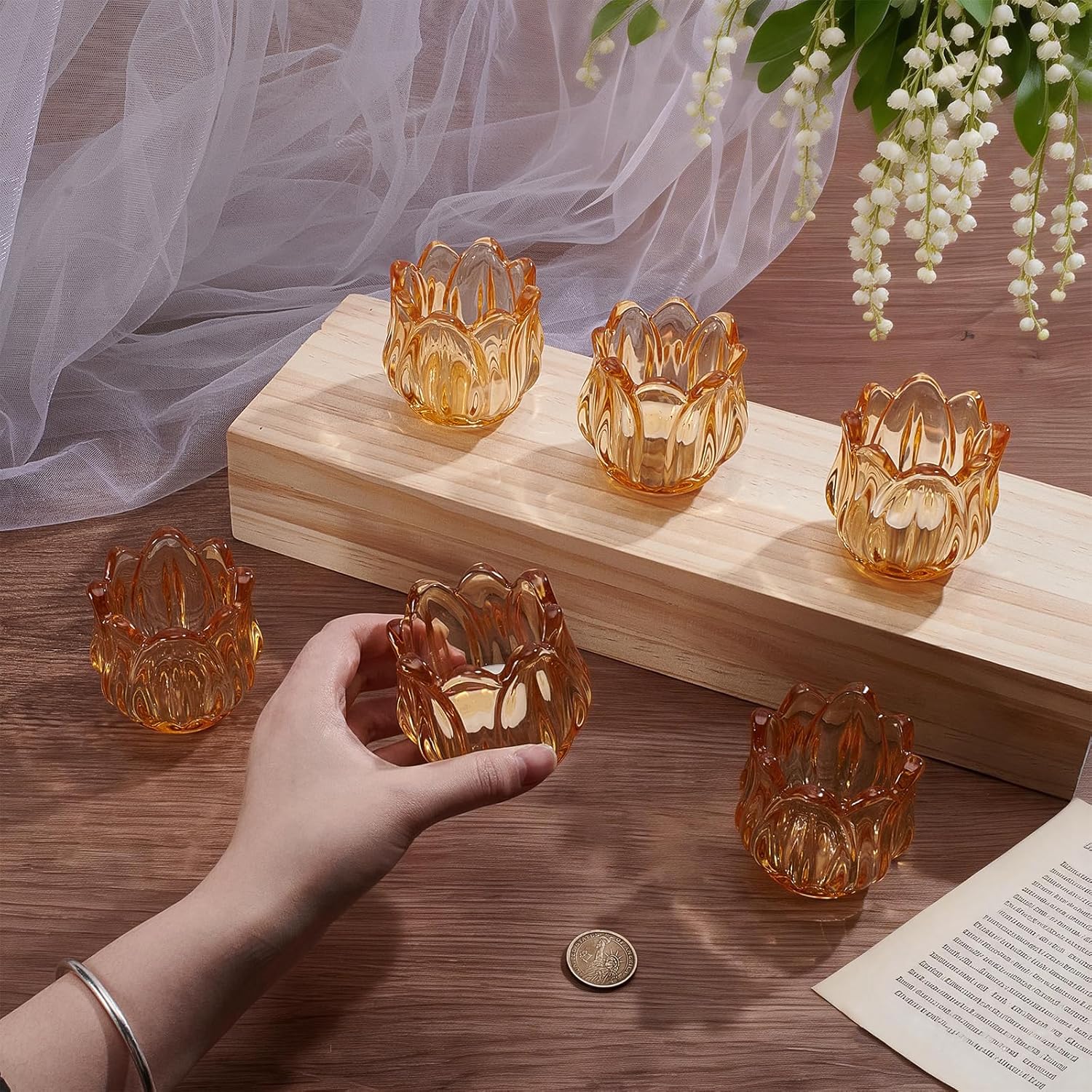 26 Pcs Gold Votive Candle Holders, Glass Flower Tealight Candle Holder Thick Glass Tea Light Candles Holder Bulk for Wedding Birthday Anniversary Parties and Holiday (Huplatinum Color)