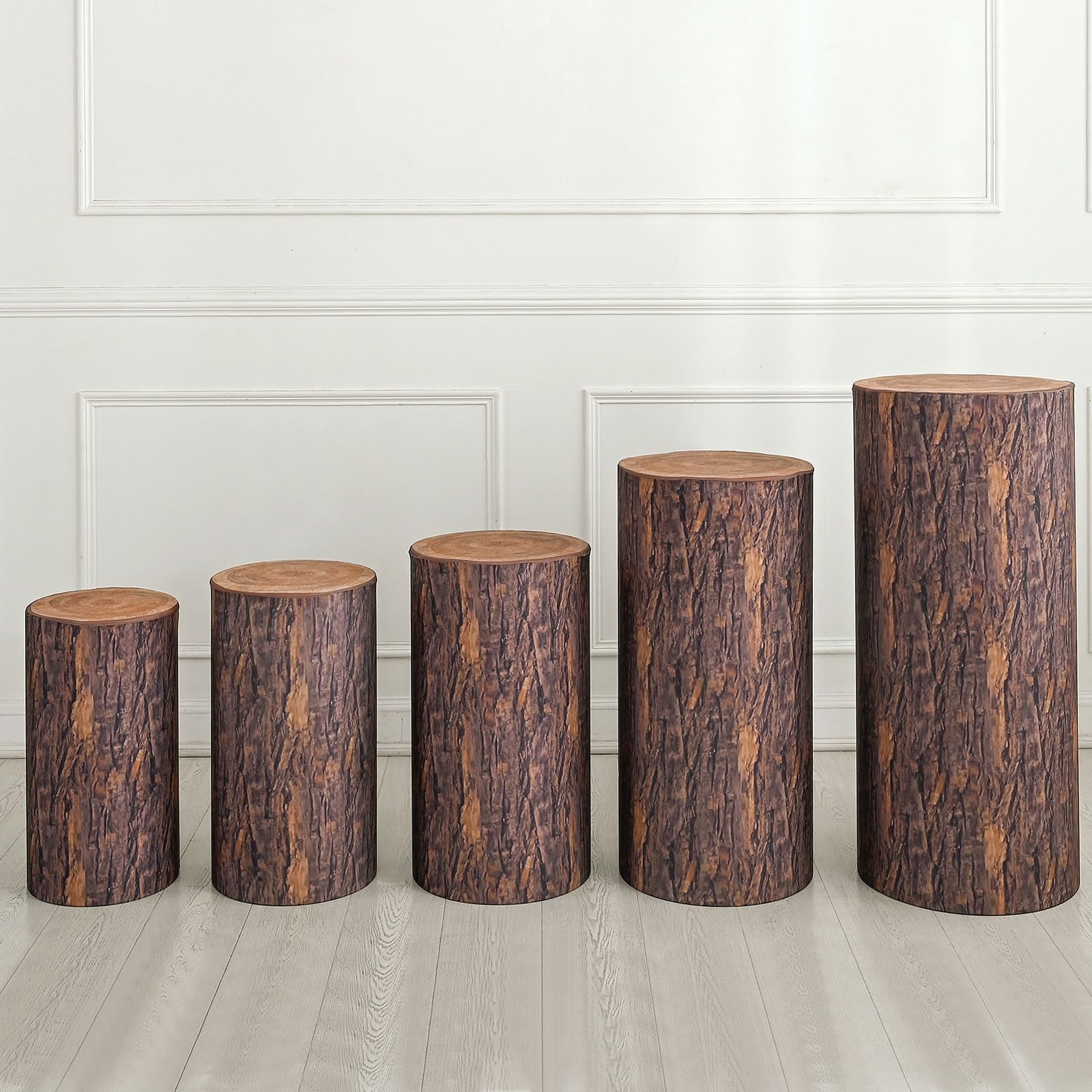 QUARKZMAN Juego De 5 Fundas Para Bases De Cilindro Con Textura De Madera De Spandex, Funda Para Base De Plinto Para Decoración De Fiestas, Solo Contiene Fundas De Cilindro (Tela Elástica)
