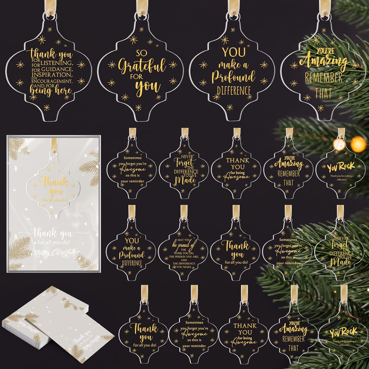Kasyat 50 Sets Christmas Employee Appreciation Gift Bulk Acrylic Lantern Hanging Ornament for Xmas Tree Decor with Thank You Card Ribbon for Office Team Staff Coworker Nurse Teacher