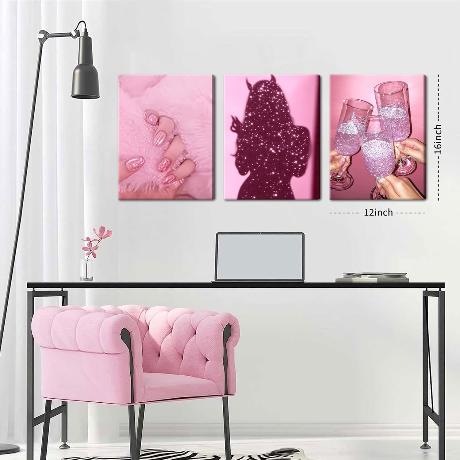 Pink Glitter Wall Art Set of 3 – Glam Girl Canvas Prints, Sparkle Champagne Glass Poster, Aesthetic Pink Nail Art Picture for Bedroom, Dorm, Vanity, or Teen Girl Room Decor – 12x16 Inch Framed