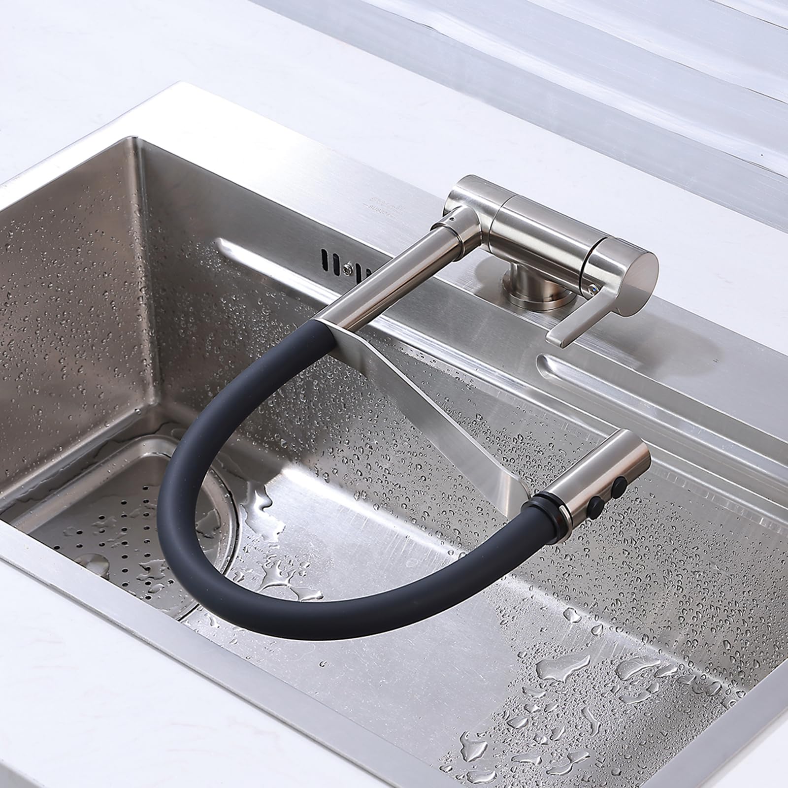 Generisch Wasserhahn Küche Mischbatterie Küchenarmatur mit Ausziehbrause gebürstet 2 Betriebsmodi klappbar flexibel für die Fenstermontage