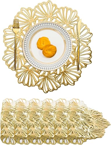 Miniatura 68 de BACKTOEDEN Juego de 6 manteles individuales redondos de color dorado claro, lavables, limpiables, resistentes al calor, manteles individuales de
