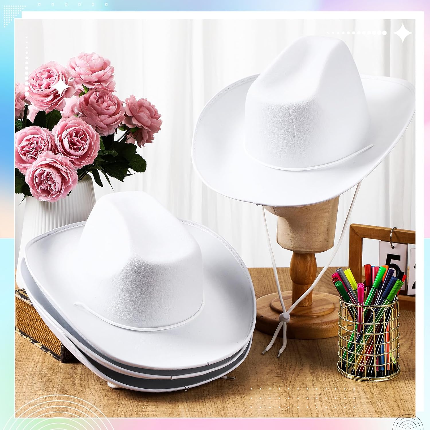 Cutecrop DIY White Cowboy Hats with Markers Adjustable Felt Western Hats for Adult Costume Parties Paint Crafting Fancy Dress