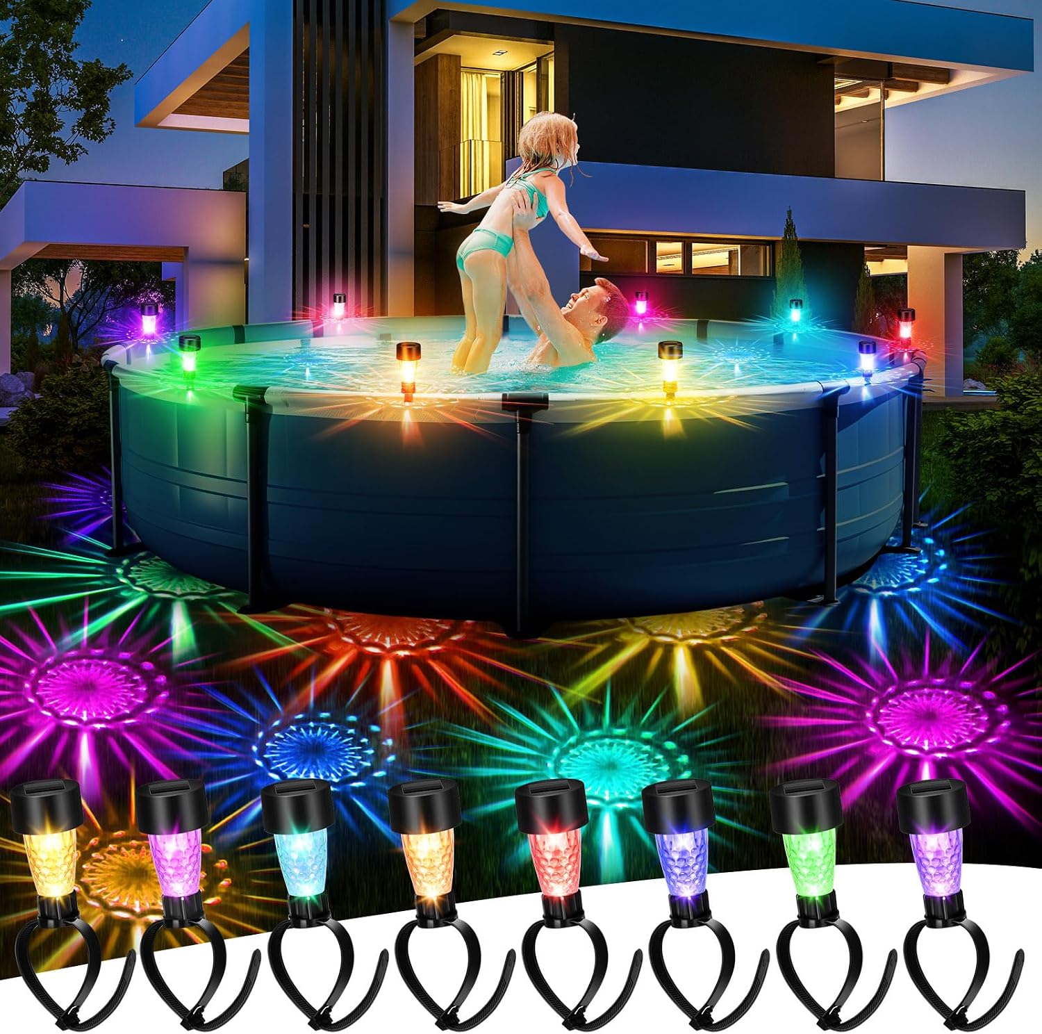 8 Pcs Pool Solar Charging Lights for Framed Above Ground Pools Waterproof Solar Charging Light Outdoor Swimming Pools Fence Decorations Pool Accessories Night Lights