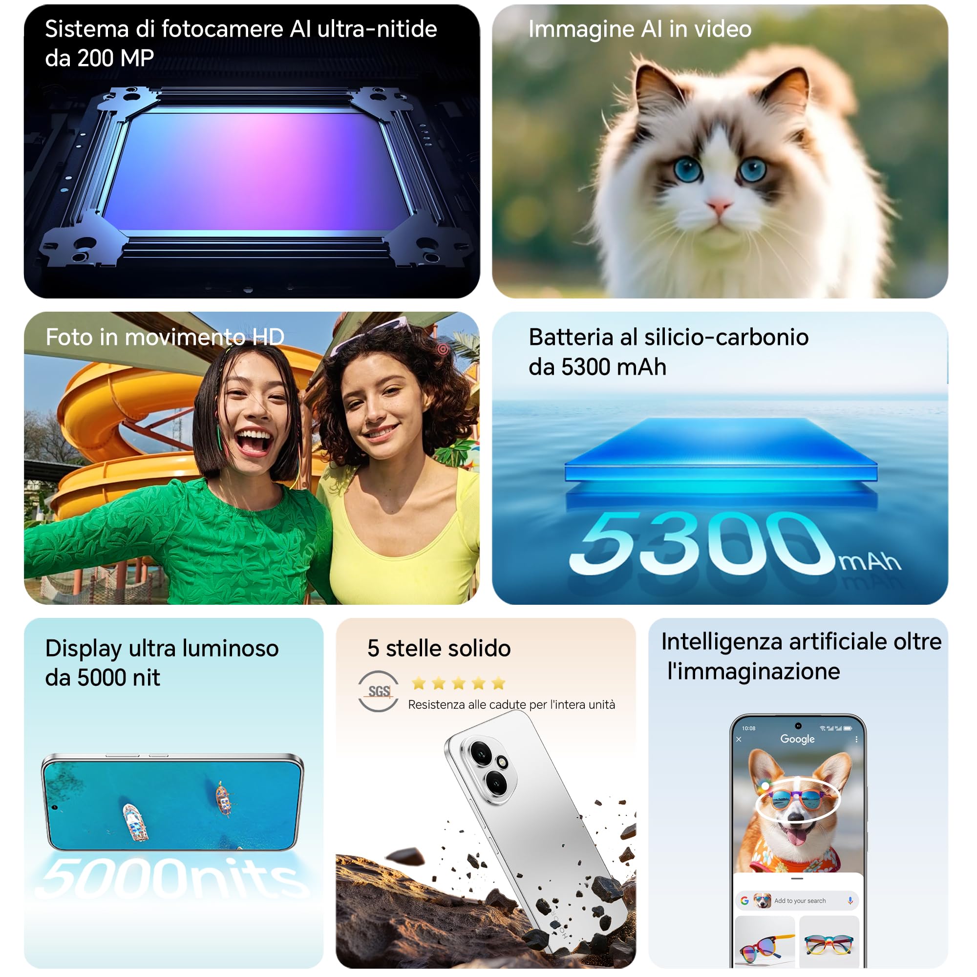 HONOR 400 Smartphone 5G Dual SIM NFC, 8GB/512GB, 200MP con AI fotografica, 6.55 pollici AMOLED Eye-Care Display 5000nit, 5300 mAh, Snapdragon 7 Gen 3, Android 15, Meteor Silver, [Versione italiana]