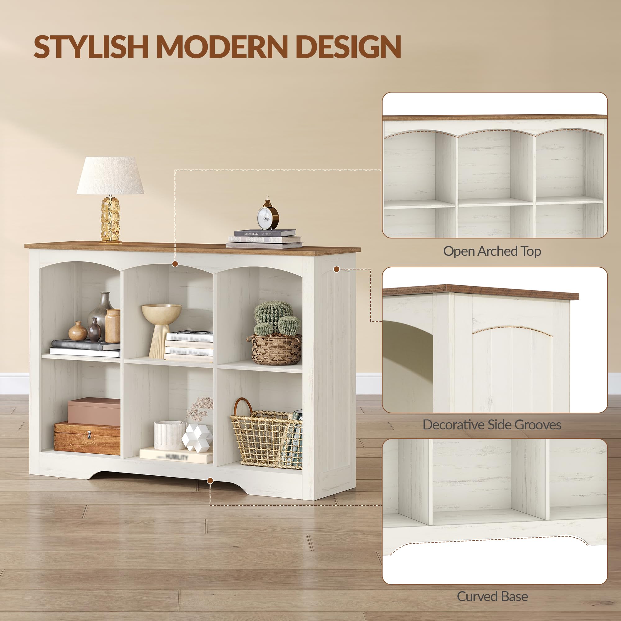 Bücherregal Regal mit 6 Fächern, 106 x 34 x 80 cm, Weiß und Braun | Würfelregal, Offenes oberes Ablagefach, für Wohnzimmer, Büro, Schlafzimmer und Küche, FFSG003FWR1